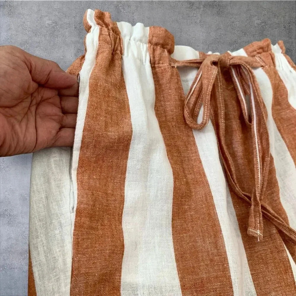 BeachLunchLounge Linen Blend Lagenlook Paperbag Pants Size S Brown White Stripes - Picture 7 of 13
